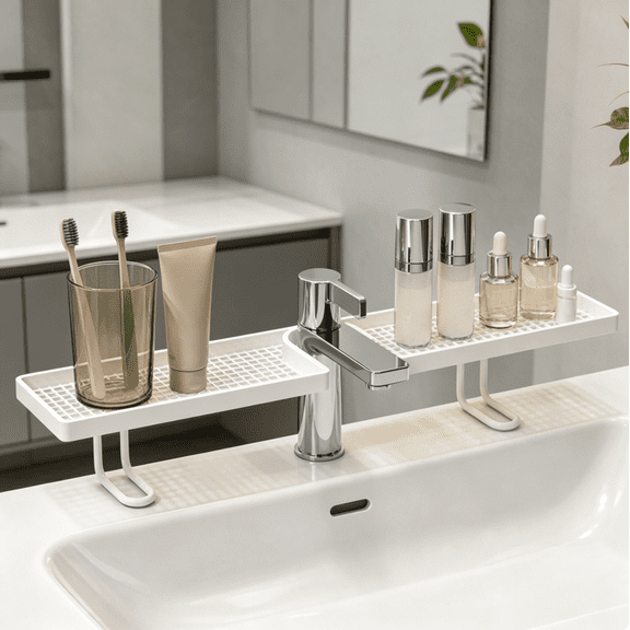 Behind the Faucet Sink Organizer, No-Drill Over the Sink Shelf for Bathroom & Kitchen, Widened U-Shaped Groove, Hollowed-Out Fast Drainage Rack