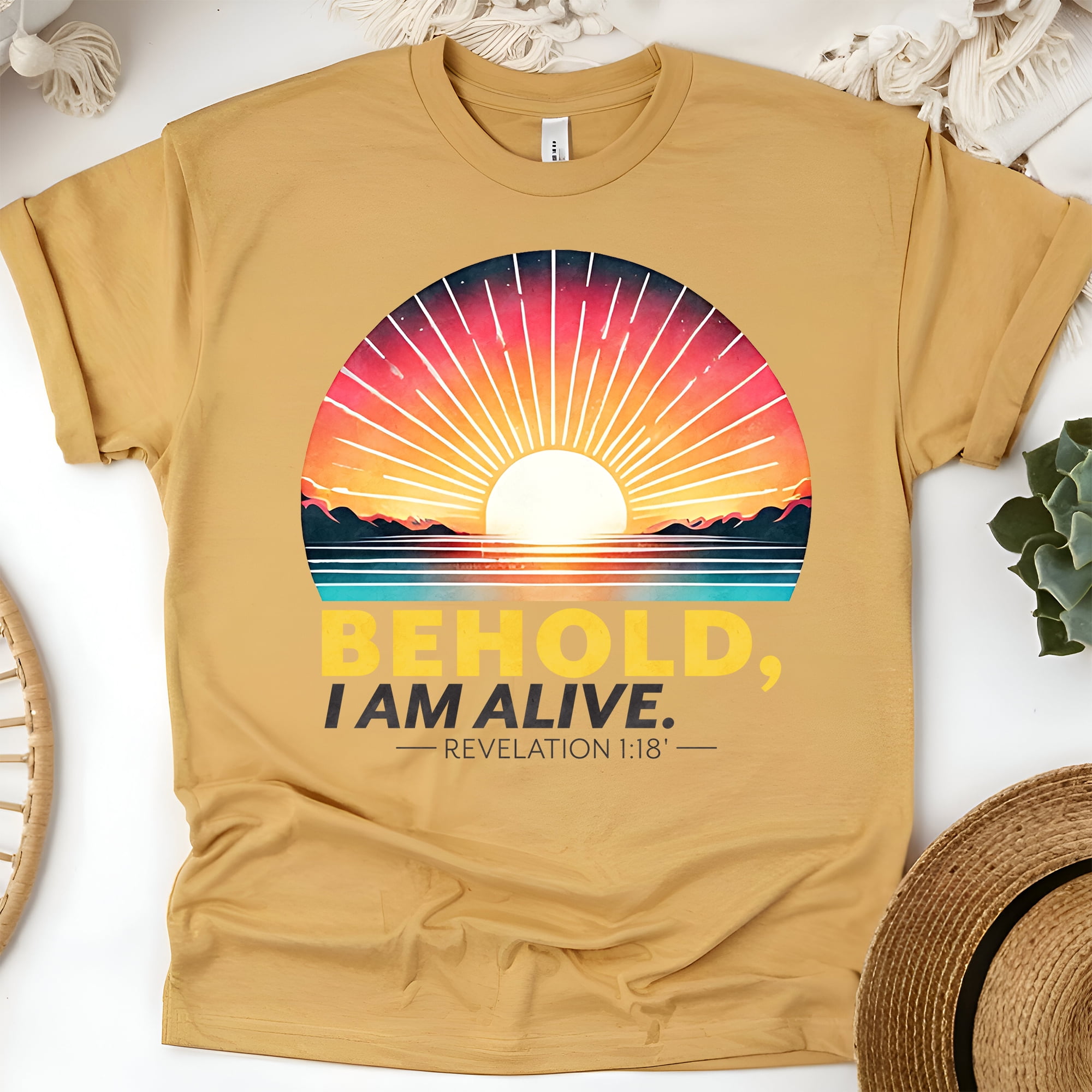 Behold I Am Alive Revelation 1:18 Christian Bible Verse T-Shirt, Gold ...