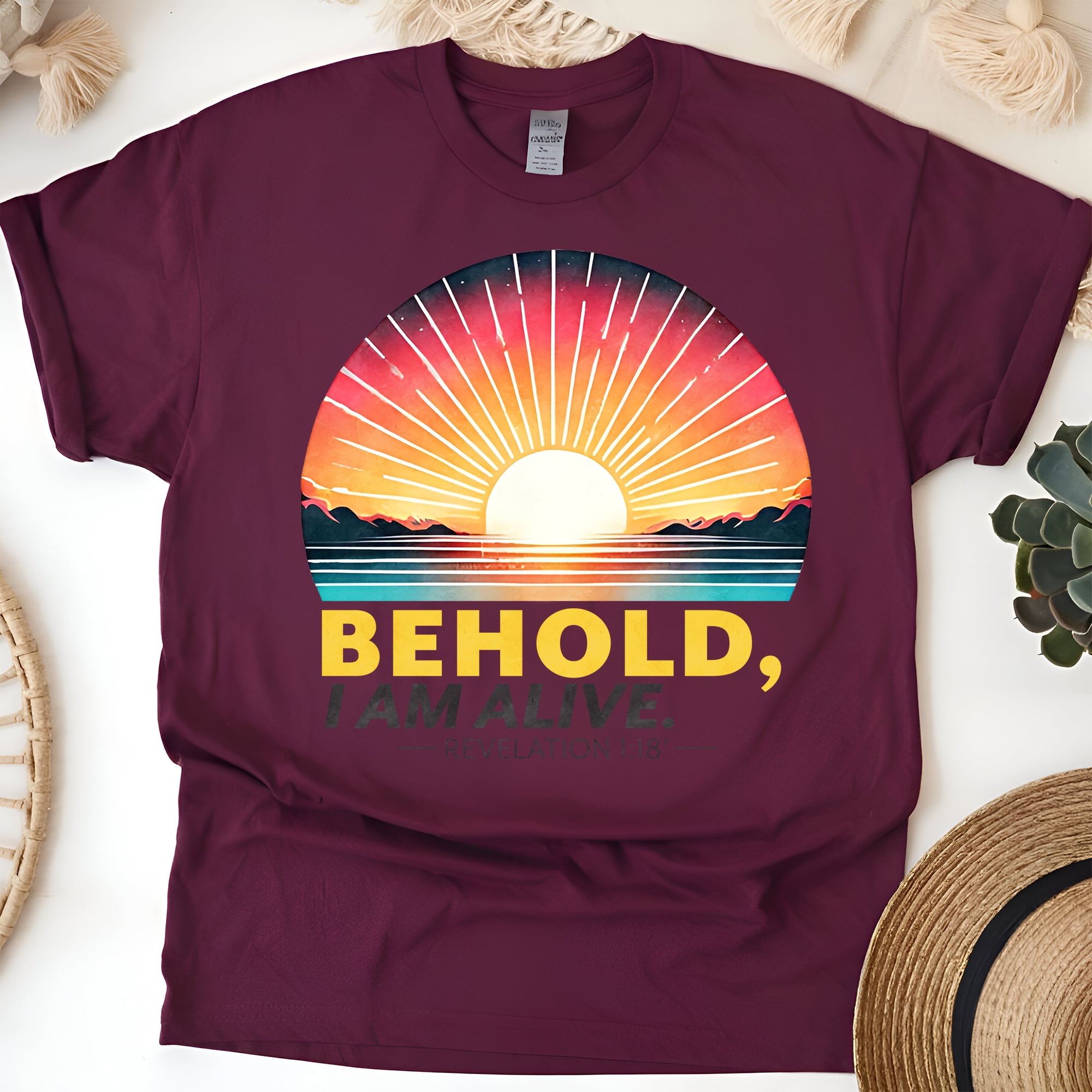 Behold I Am Alive Revelation 1:18 Christian Bible Verse T-Shirt, Maroon ...