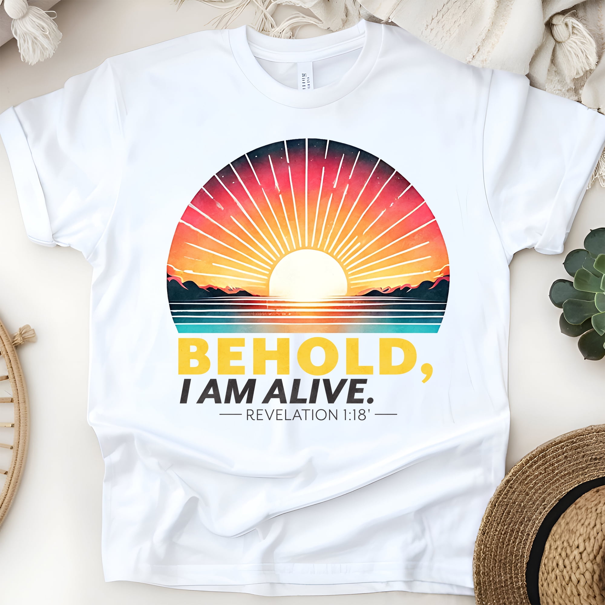 Behold I Am Alive Revelation 1:18 Christian Bible Verse T-Shirt, White ...