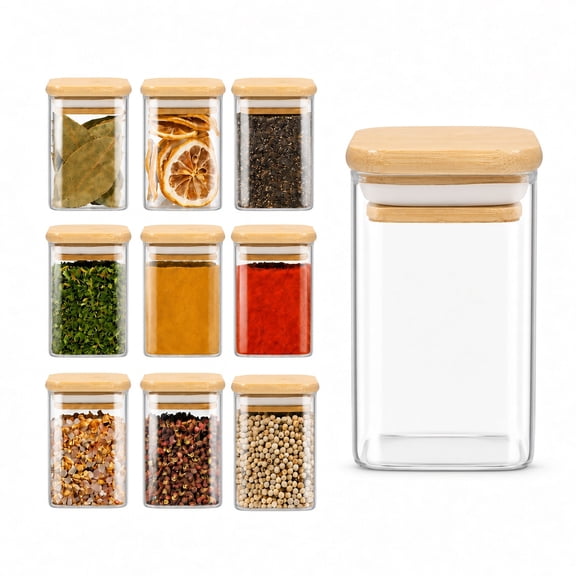 Behome 10 pcs Glass Spice Jars, 8.5oz Empty Spice Bottles with Bamboo Lids, Airtight Seasoning Containers for Kitchen, Tea, Herbs, Sugar, Salt, Coffee, Flour, Herbs, Grains