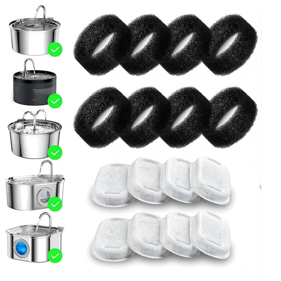 BN-LINK 16 Pack Cat Water Fountain Filter, Cat Fountain Replacement Filters for Stainless Steel 67oz, 95oz, 135oz Automatic Pet Fountain Dispenser(8 Filters& 8 Sponges)