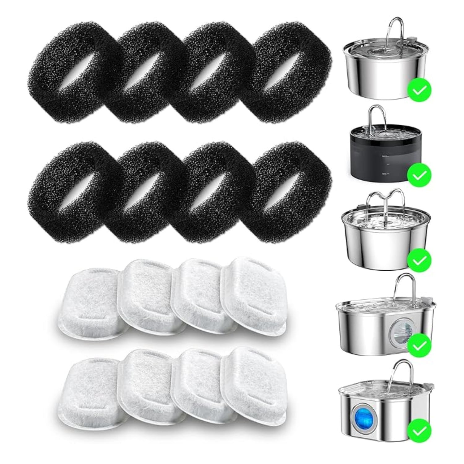 BN-LINK 16 Pack Cat Water Fountain Filter, Cat Fountain Replacement Filters for Stainless Steel 67oz, 95oz, 135oz Automatic Pet Fountain Dispenser(8 Filters& 8 Sponges)