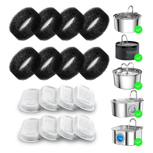 BN-LINK 16 Pack Cat Water Fountain Filter, Cat Fountain Replacement Filters for Stainless Steel 67oz, 95oz, 135oz Automatic Pet Fountain Dispenser(8 Filters& 8 Sponges)
