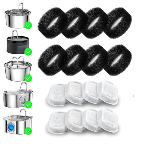 BN-LINK 16 Pack Cat Water Fountain Filter, Cat Fountain Replacement Filters for Stainless Steel 67oz, 95oz, 135oz Automatic Pet Fountain Dispenser(8 Filters& 8 Sponges)