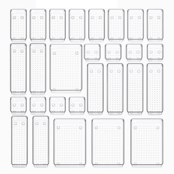 Behome 28 PCS Clear Plastic Drawer Organizers Set, 4-Size Versatile Drawer Organizer Trays, Storage Bins for Bathroom, Office, Makeup, Gadgets