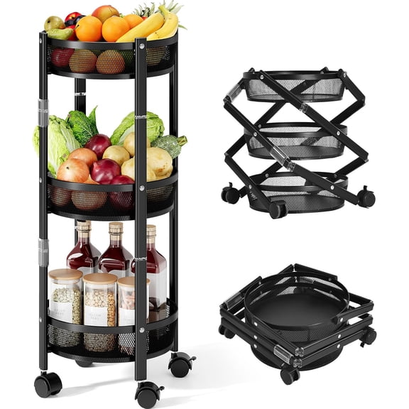 Behome 3 Tier Foldable Rolling Cart, No Assembly Metal Rolling Utility Cart, Rolling Storage Cart with Wheels, Kitchen Cart for Bathroom, Office, Workshop