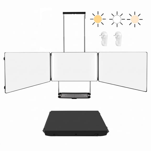 Behome 3 Way Mirror for Hair Cutting with Light and Storage Shelf, 360Trifold Mirror with Adjustable Brightness & Height, for Shaving, Makeup, Hair Styling(Black)
