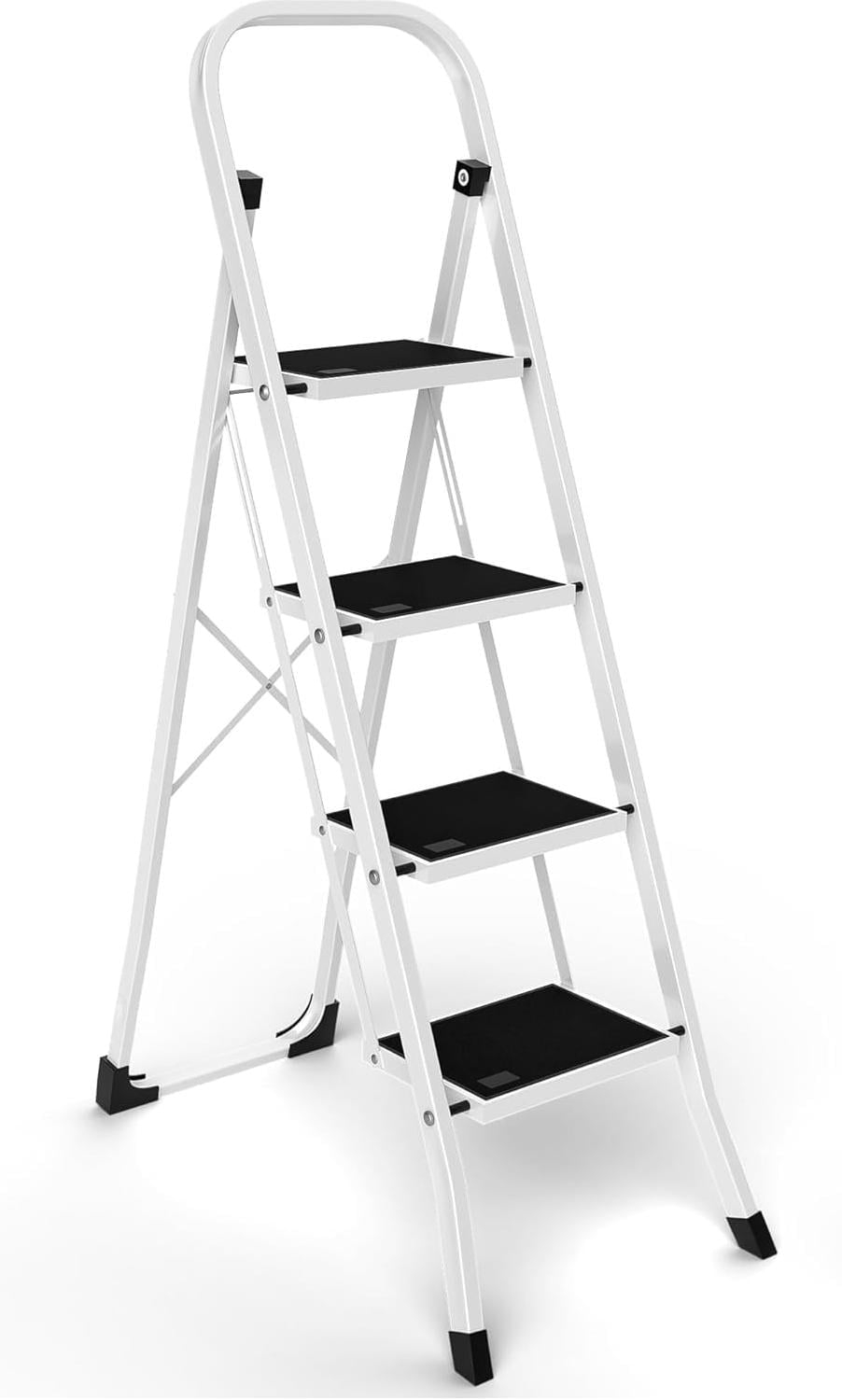 BN-LINK 4 Step Ladder, Folding Step Stool with Wide Anti-Slip Pedal, Portable Sturdy Iron Ladder with Handrails for Home, Office, Library, 330 lbs Capacity, White & Black