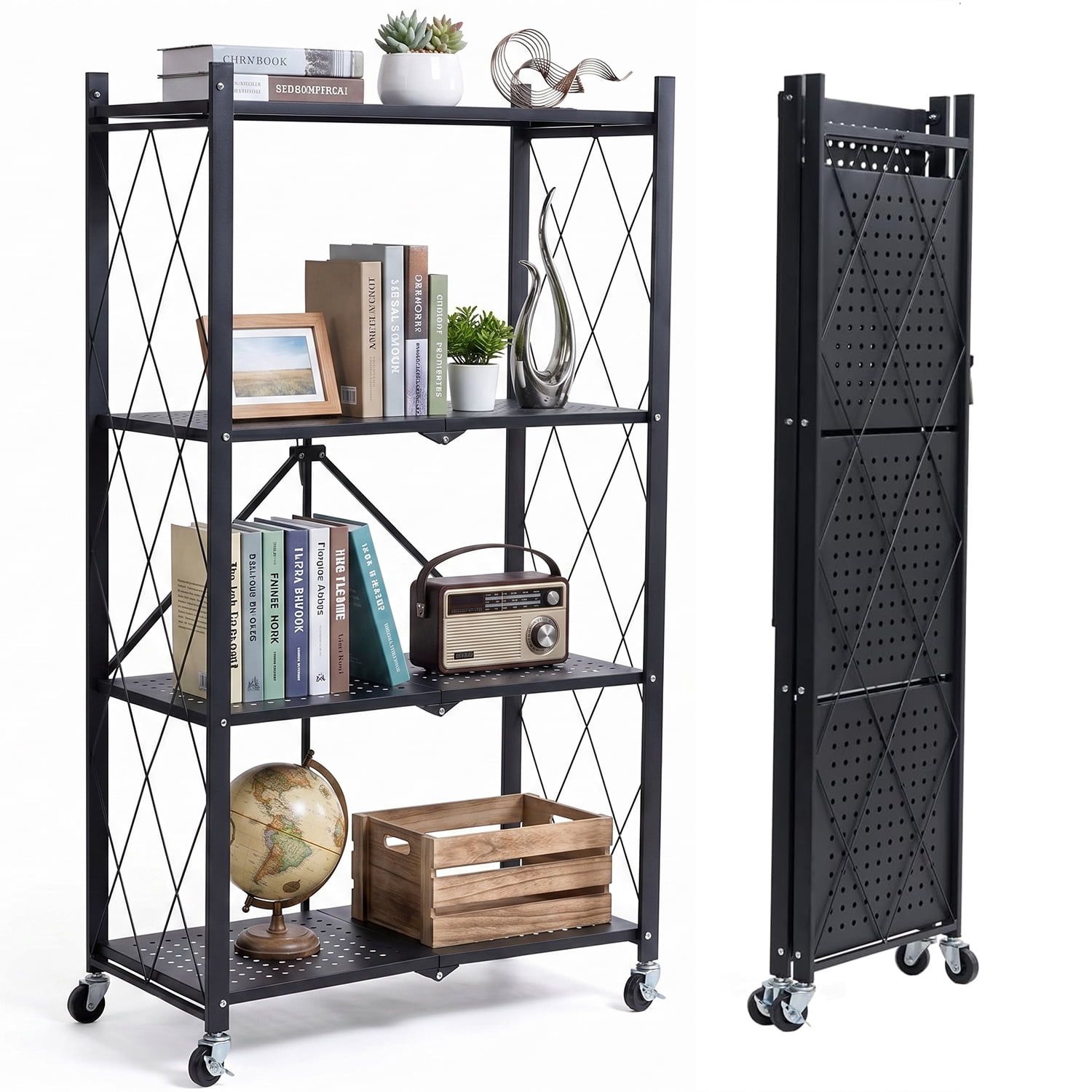 Behome 4 Tier Foldable Storage Shelves with Wheels, 28.1"x 13.4"x 50.2" Metal Shelving, No Assembly Storage Rack for Garage Kitchen, Basement, Pantry