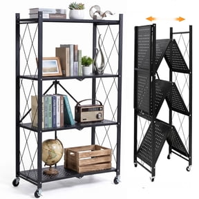 Behome 4 Tier Foldable Storage Shelves with Wheels, 28.1"x 13.4"x 50.2" Metal Shelving, No Assembly Storage Rack for Garage Kitchen, Basement, Pantry
