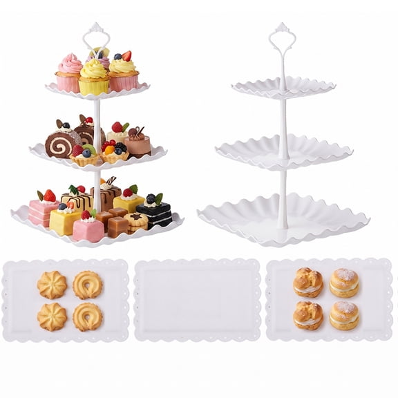 Behome 5 Pack Cupcake Stand, 2 Three-Tier Cup Cake Holder Tower and 3 Serving Trays Cake Stand Set, Square Dessert Holder for Birthday, Tea Party, Wedding, Baby Showers,White