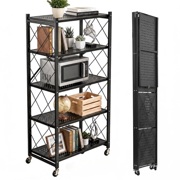 Behome 5 Tier Foldable Storage Shelves with Wheels, 28.1"x 13.4"x 61" Metal Shelving, No Assembly Storage Rack for Garage Kitchen, Basement, Pantry