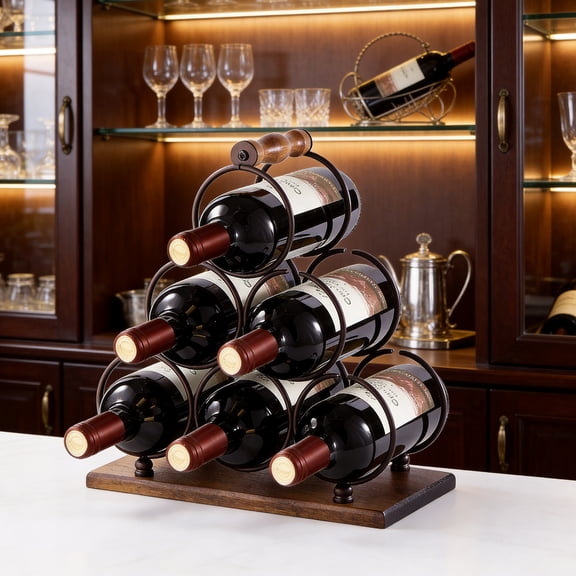 Behome Countertop Wine Rack, 6 Bottles Tabletop Wine Bottle Holder, Wood Handle & Base, for Home Decor, Bar, Wine Cellar, Cabinet, Pantry, etc