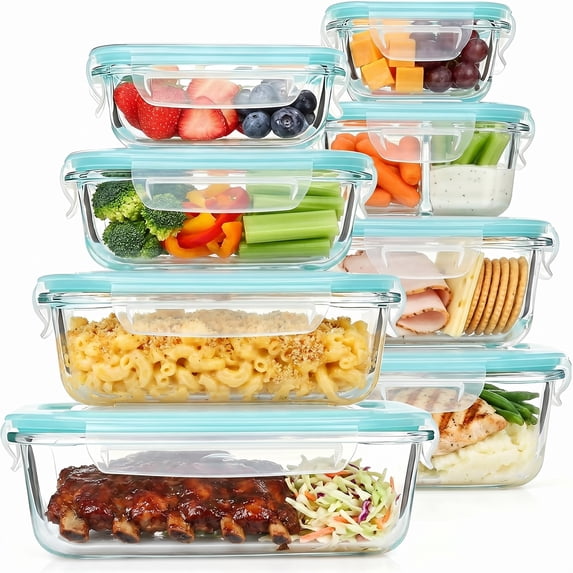 Behome 8 Pack Glass Food Storage Containers with Airtight Lids, BPA Free Glass Meal Prep Containers with Snap Locks, Lunch Containers for Microwave, Oven, Freezer and Dishwasher