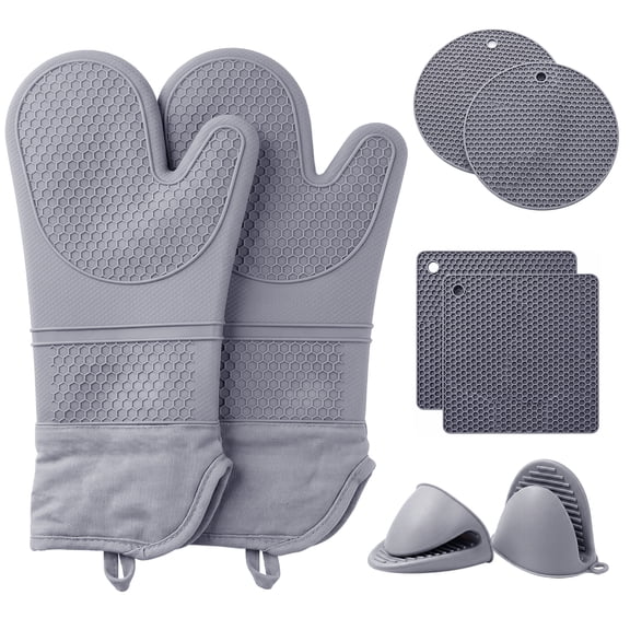 Behome 8-Piece Silicone Oven Mitts and Pot Holders Sets, Extra Long & Heat Resistant Oven Gloves with Thick Cotton Liner, Non-Slip Kitchen Mitts for BBQ, Baking, Cooking and Grilling