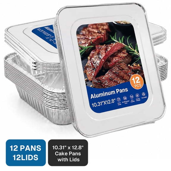 Behome 12 Pack Aluminum Pans with Lids, 10.31 x 12.8 Aluminum Baking Cake Pans, Heavy Duty Aluminum Roasting Trays for Baking, Cooking Food
