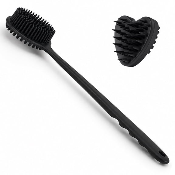 Behome Back Scrubber for Shower & Heart-shaped Shampoo Brush, Anti Slip Long Handle Bath Brush , Silicone Bath Accessory for Men & Women (Black)