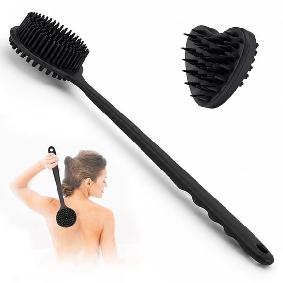 Behome Back Scrubber for Shower & Heart-shaped Shampoo Brush, Anti Slip Long Handle Bath Brush , Silicone Bath Accessory for Men & Women (Black)