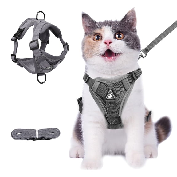 BN-LINK Cat Harness and Leash Set for Walking, Escape Proof Soft Adjustable Vest Harnesses with Reflective Strips for Cat and Puppy, Gray, L