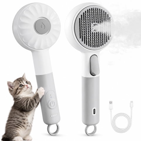 Behome Pet Steam Brush for Cats & Dogs, Self-Cleaning Cat Brush with 2 Water Spray Modes, Anti-Static Dog Brush for Shedding & Grooming