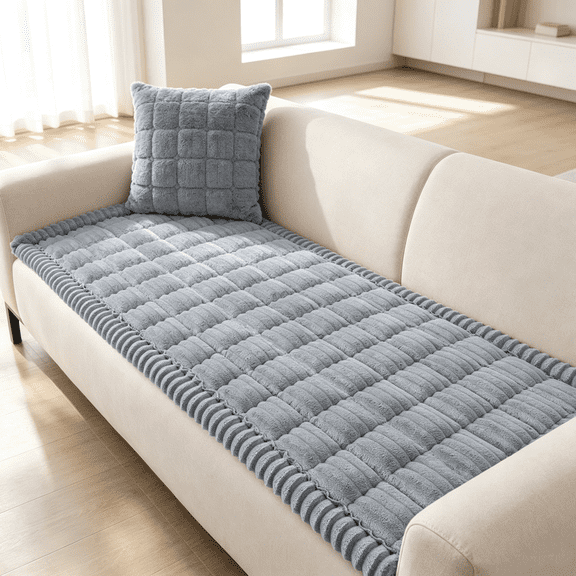 Behome Thicken Flannel Couch Cover for 2 Cushion Couch, Non-Slip Washable Sofa Cover, Pet-Friendly Furniture Protector for Dogs & Cats (Grey, 27.6" x 59.1")