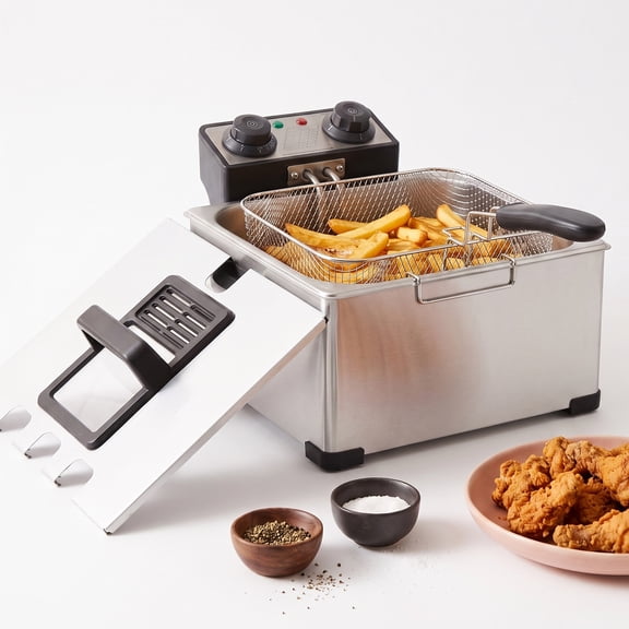 Behome Deep Fryer with Baskets, 1400W 4.5QT/5L Thickened Stainless Steel Countertop Electric Oil Fryer, Easy Clean with Adjustable Temperature & Timer, Silver