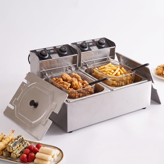 Behome Deep Fryer with 2 Baskets, 3000W 6.34QT/6L x 2 Thickened Stainless Steel Countertop Electric Oil Fryer, Easy Clean with Adjustable Temperature & Timer, Silver