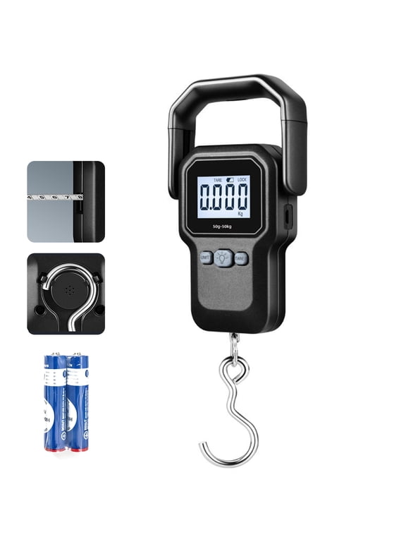 Digital Luggage Weight Scale with Measuring Tape, Hanging Suitcase Weight Scale with Backlit LCD Display & Large Handle, Travel Scale for Outdoor, Fishing, 110 Pounds, Battery Included