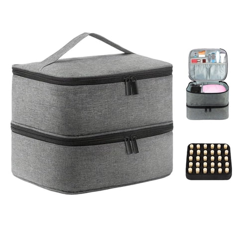 Behome Double Layers Nail Polish Bag , Nail Organizers and Storage Bag Holds 30 Bottles & Nail Lamp, Nail Bag Carrying Case with Manicure Tools Storage Sections, Gray