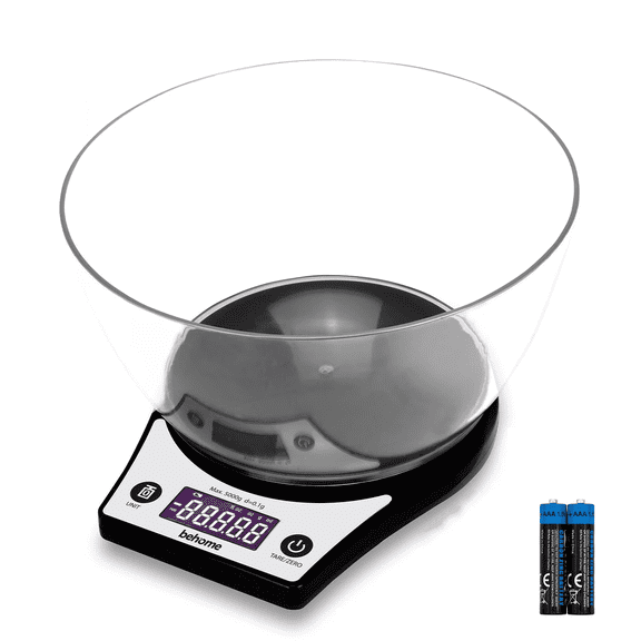 Behome Food Scale With 2L Bowl, Digital Kitchen Scales 5kg/11lb with LCD Display, Digital Food Calorie Counting Scale for Kitchen, Baking, Weight Loss, Batteries Included, Black