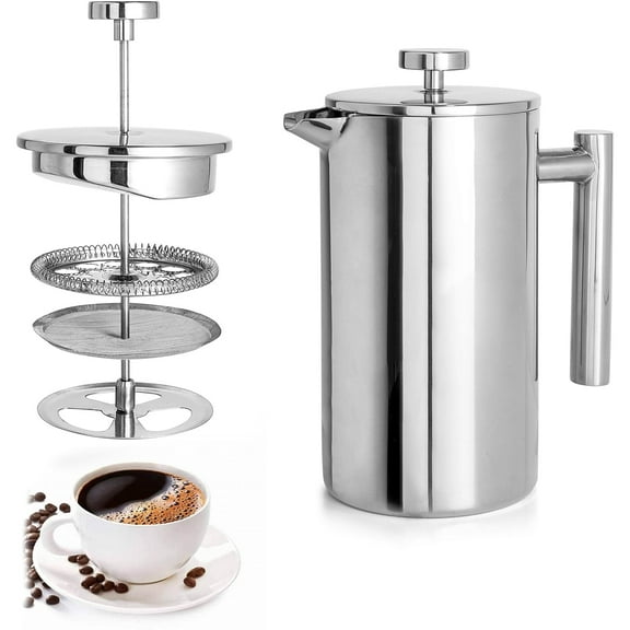 Behome French Press Coffee Maker, 34oz Stainless Steel French Press Coffee Maker, 3 Filtration & Double Wall Insulation, Rust-Free, Food Grade & Safe Coffee Pot