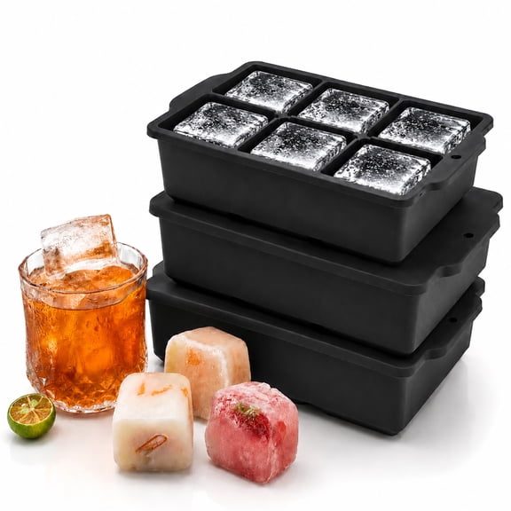 Behome 3 Pack Ice Cube Tray with Lid, 7 inch Cube Ice Trays for Cocktail Whisky, Ice Maker Tray with Lid for Freezer, Easy Release, Black