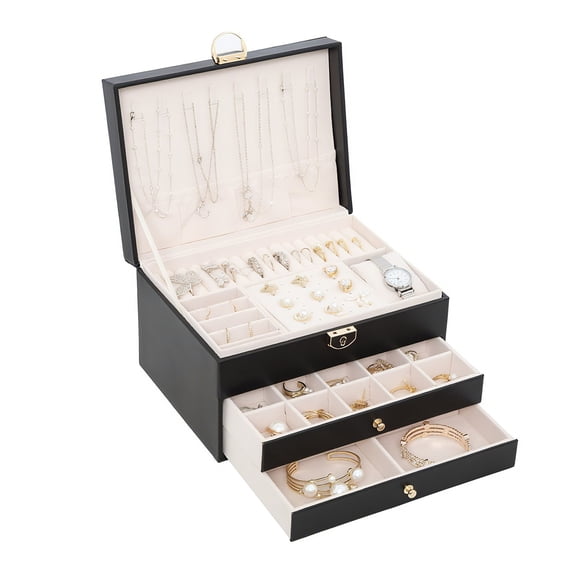 Behome Black PU leather 3 layer jewelry organizer with 2 drawers, lockable display case for women