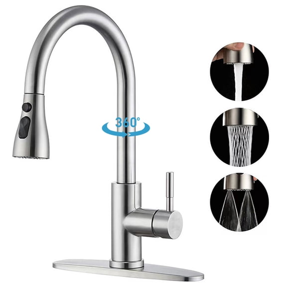 Behome Kitchen Faucets with Pull Down Sprayer, 3-Mode Sprayer Kitchen Sink Faucet, 360° Swivel, Brushed Nickel, SUS304 Stainless Steel, Deck Plate for 1 or 3 Hole, Lead-Free