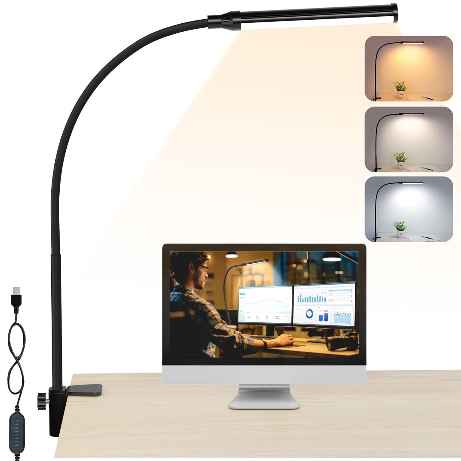 Behome LED Desk Lamp with Clamp, Eye-Caring Clip on Lights for Home Office, 3 Modes & 10 Brightness, Long Flexible Gooseneck, Swing Arm Architect Task Table Lamps with USB Adapter, Black