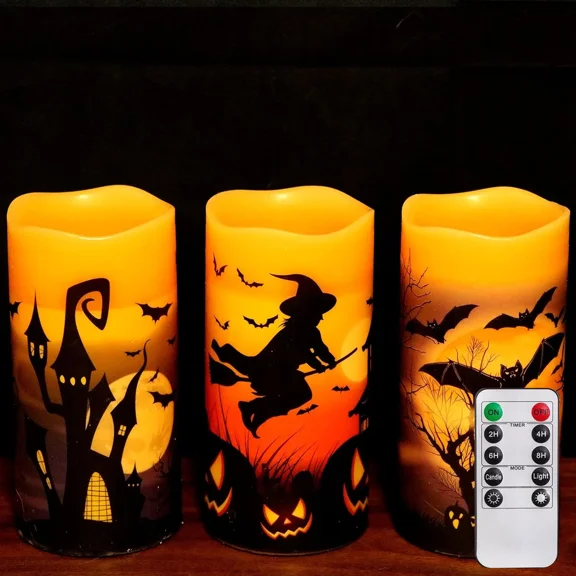 Behome LED Flameless Halloween Candles with Remote and Timer, Battery Operated, Real Wax Flickering Pillar Candles, Flat Wick & Dimmable Light, Castle Witch Bats Holiday Decor(3 Pack, 3 x 6 Inches)