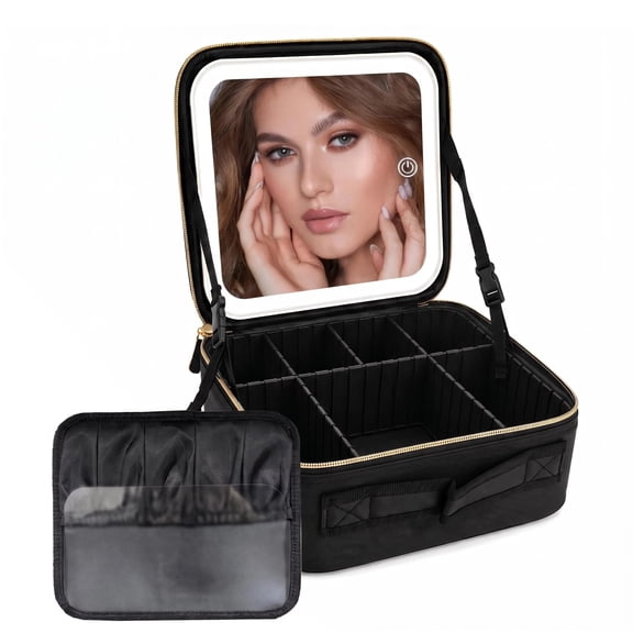 Behome Makeup Bag with Light, Travel Makeup Bag With LED Mirror, Cosmetic Case with 3 Color Lighted Portable Organizer Bag with Adjustable Dividers For Woman, Black