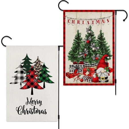 Behome Merry Christmas Trees Garden Flag, 12x18 Inch Double Sided Set of 2, Red & White Xmas Trees Garden Flag for Outdoor Winter House Yard Decoration