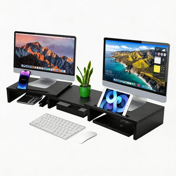 Behome Monitor Riser, Dual Monitor Stand Riser for 2 Monitors, Adjustable Length and Angle with 2 Slot, Computer Monitor Stand for Screen, Computer, Printer (Black)