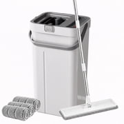 Behome Mop and Bucket Set, Hands Free Flat Floor Mop with 3 Washable Microfiber Pads, Wet and Dry Use, for All Types Floor Cleaning