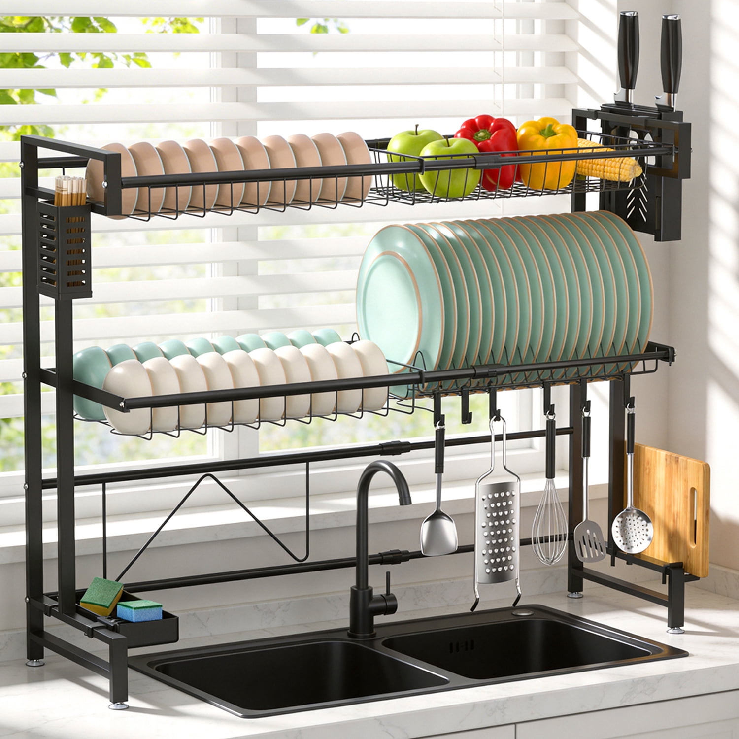 Behome Over The Sink Dish Drying Rack, 24.4-39.37"L x 11"W x 28.74"H (Expandable Length) 2 Tier Adjustable Stainless Steel Large Kitchen Dish Rack with Suction Cup, Snap-On Design, Black