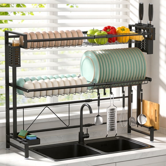 Behome Over The Sink Dish Drying Rack, 24.4-39.37"L x 11"W x 28.74"H (Expandable Length) 2 Tier Adjustable Stainless Steel Large Kitchen Dish Rack with Suction Cup, Snap-On Design, Black