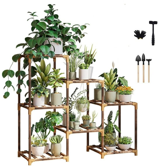 Behome Plant Stand Indoor, Wood Plant Shelf with 3 Tier Ladder & 7 Pots, Corner Plant Stand, Tall Plant Holder for Living Room & Balcony, Home Decor