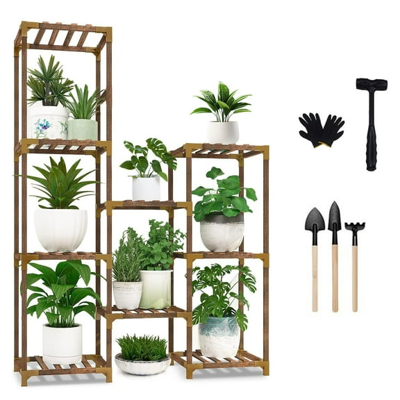Behome Plant Stand Indoor, Wood Plant Shelf with 3 Tier Ladder & 9 Pots, Corner Plant Stand, Tall Plant Holder for Living Room & Balcony, Home Decor