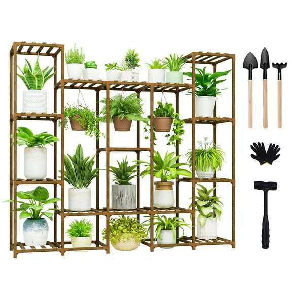 Behome Plant Stand Indoor, Wood Plant Shelf with 4 Tier Ladder & 14 Pots, Corner Plant Stand, Tall Plant Holder for Living Room & Balcony, Home Decor