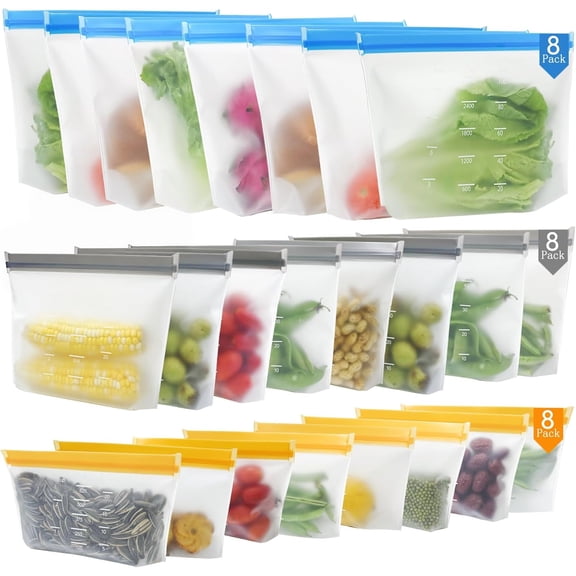 Behome 24 Pack Reusable Food Storage Bags, Reusable Bags BPA Free Leakproof, Extra Thick Leakproof Plastic Bags for Meal Prep Fruits Sandwich Snack