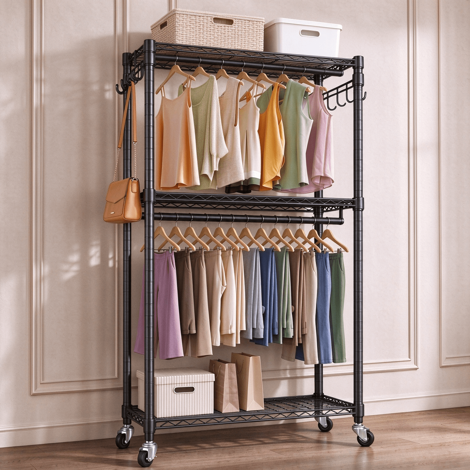 Behome Rolling Clothes Rack, Heavy Duty Garment Rack with Hooks ...