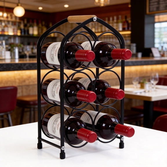 Behome Countertop Wine Rack, 6 Bottles Tabletop Metal Arched Wine Bottle Holder, Wood Handle, for Home Decor, Bar, Wine Cellar, Cabinet, Pantry, etc