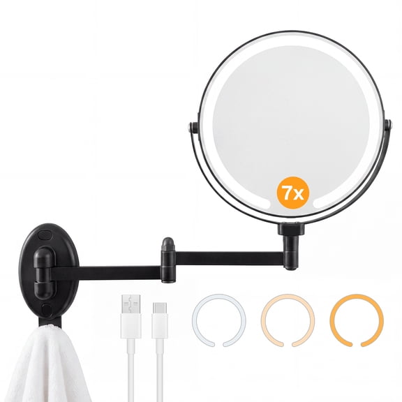 Behome Wall Mounted Lighted Makeup Mirror with Hook, No-Drill Double Sided 1X/7X Magnifying Mirror, 3 Color Lights & 360°Rotation Touch Screen Dimmable Vanity Mirror